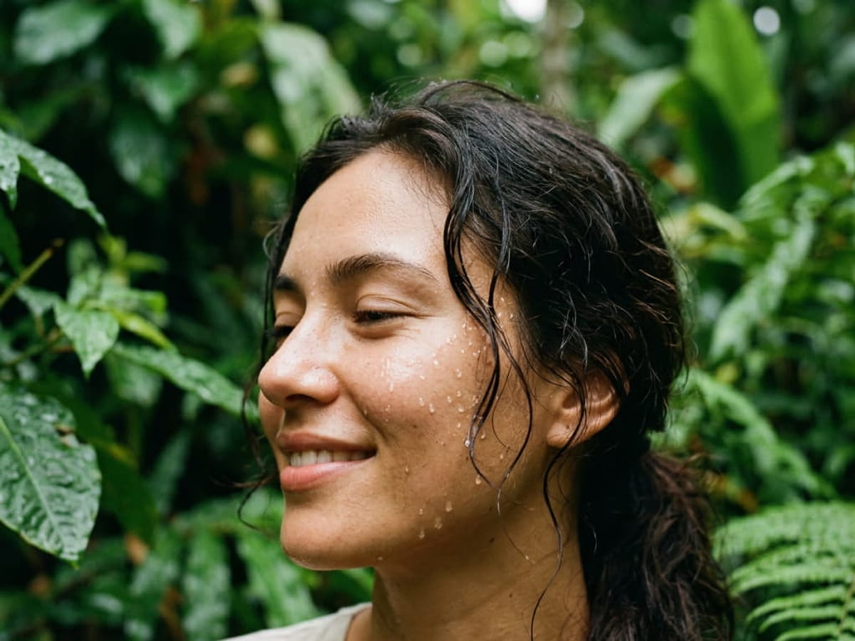Mujer al aire libre con la piel húmeda y luminosa, rodeada de vegetación