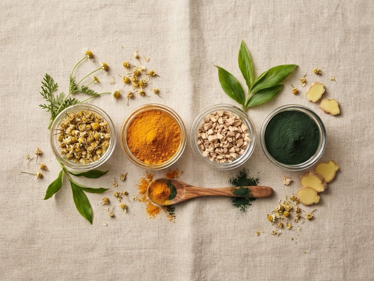 Ingredientes cosméticos en cuencos: flores secas, cúrcuma, semillas y hojas verdes