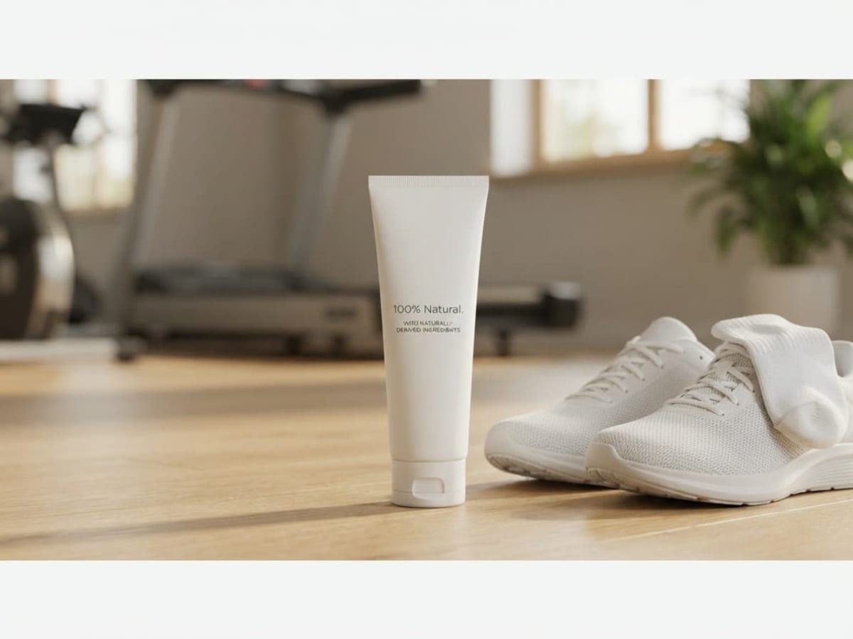 Envase de cosmética facial junto a un par de zapatillas de running