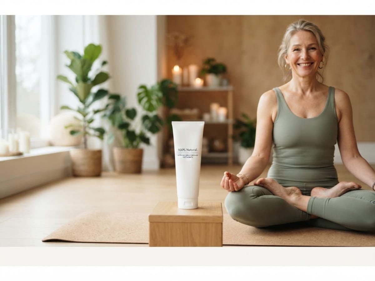 Mujer sentada en postura de meditación sobre una esterilla, junto a un envase de cosmética facial